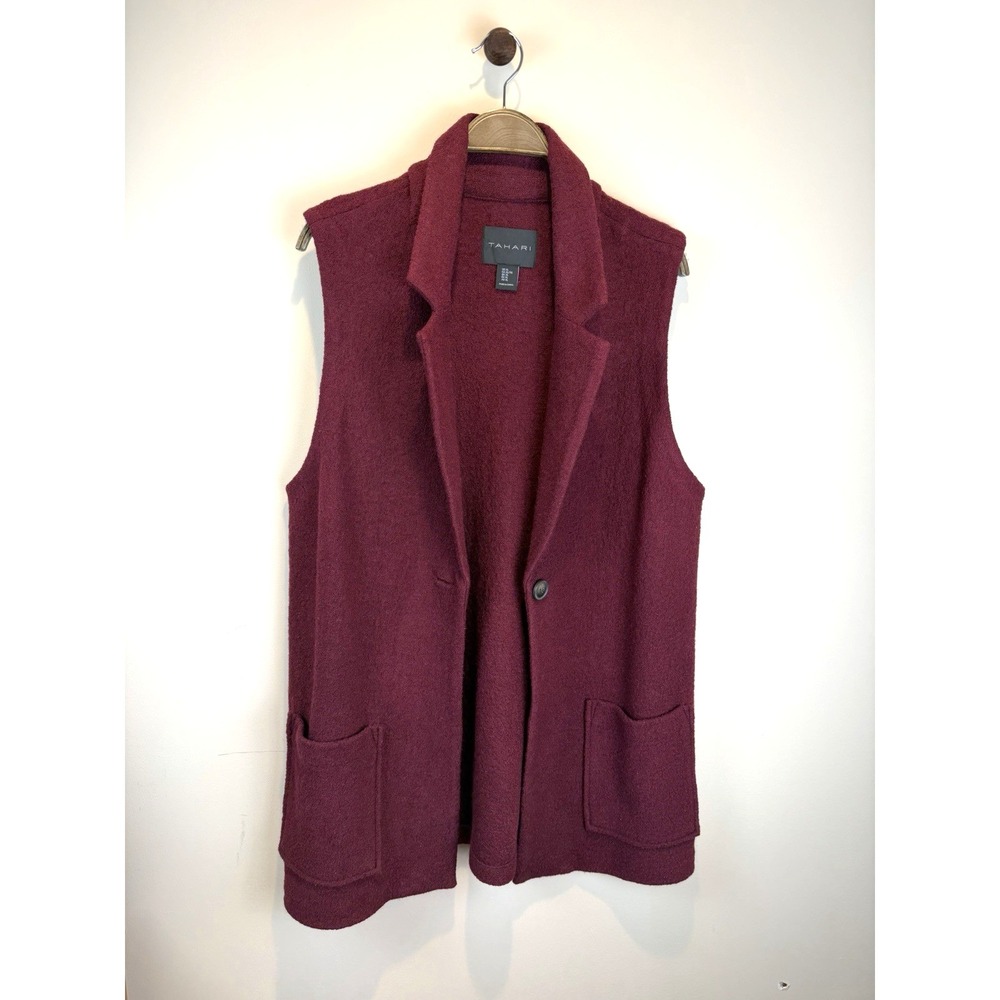 Tahari Burgundy Wine Lightweight Boiled Wool Shawl Collar Vest XL Lagenlook Boho